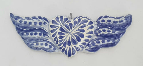 Ornament Heart w/Wings Flat Blue and White