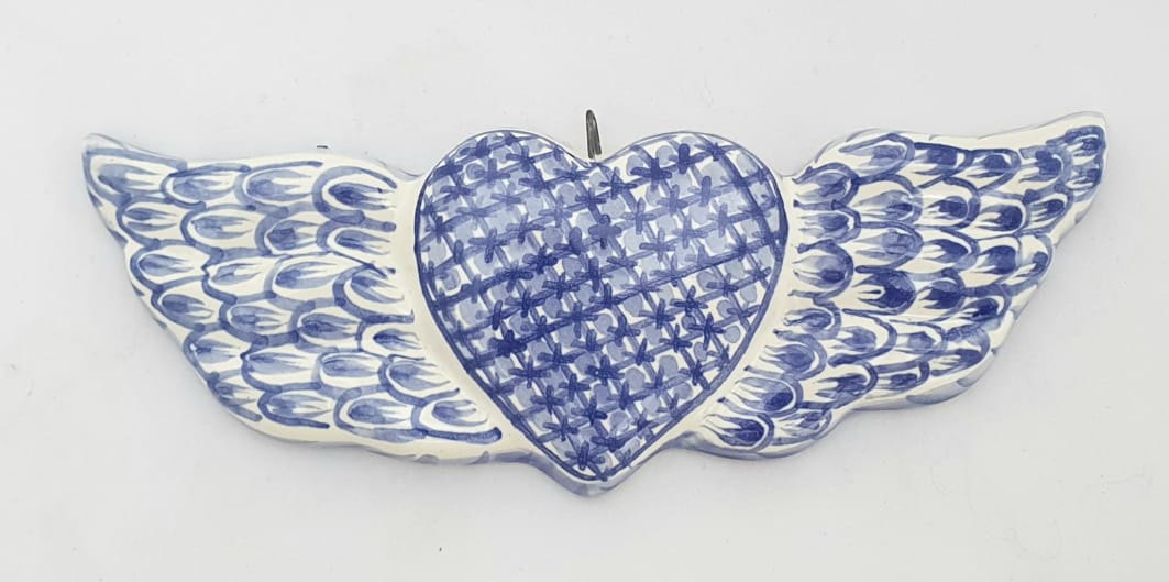 Adorno Corazón con Alas Plano Azul y Blanco 