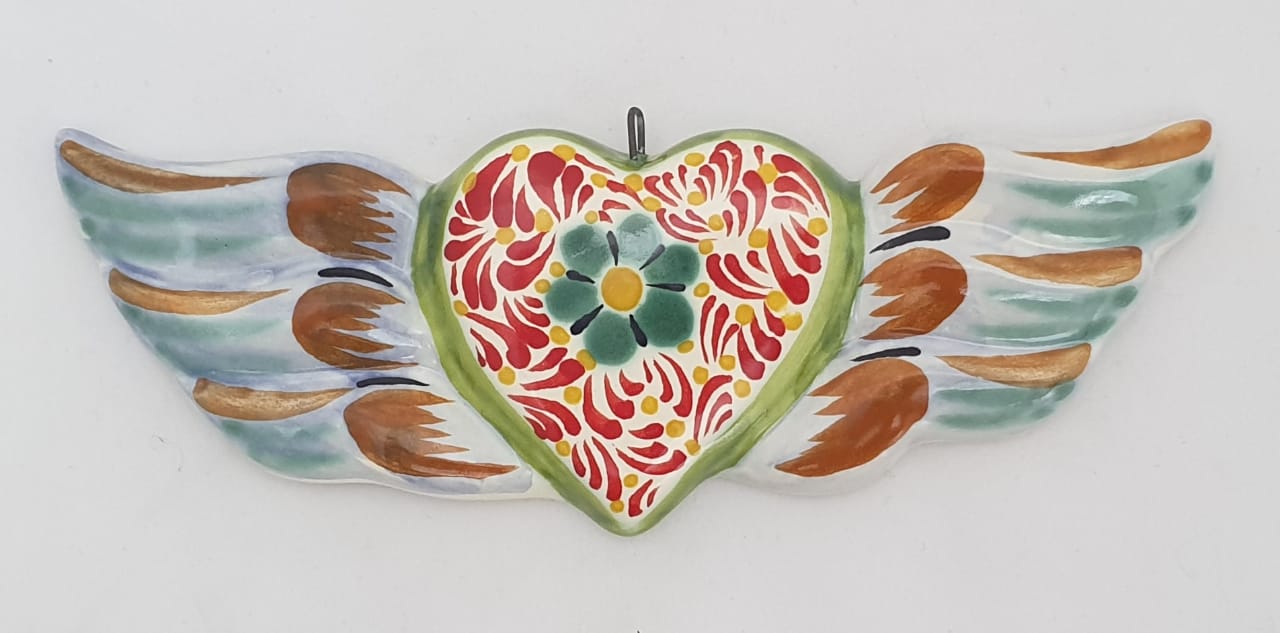 Mexican Ceramic Ornament Ornament Heart w/Wings Multi-colors