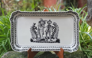 Catrina Couple Tray Decorative / Serving Rectangular Platter 16.9"x10.6" Black and White