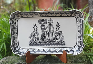 Catrina Couple Tray Decorative / Serving Rectangular Platter 16.9"x10.6" Black and White