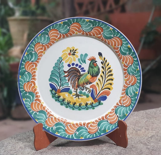 Rooster Decorative / Serving Flat Platter 13.8" D Green-Terracota Colors