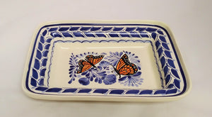 Butterfly Rectangular Bowl 11*7.9" Blue-Orange Colors - Mexican Pottery by Gorky Gonzalez