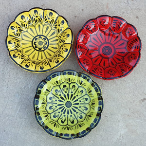 Flower Footed Snack Dish 7" D Red-Green-Yellow SET (3 pieces) Contemporary