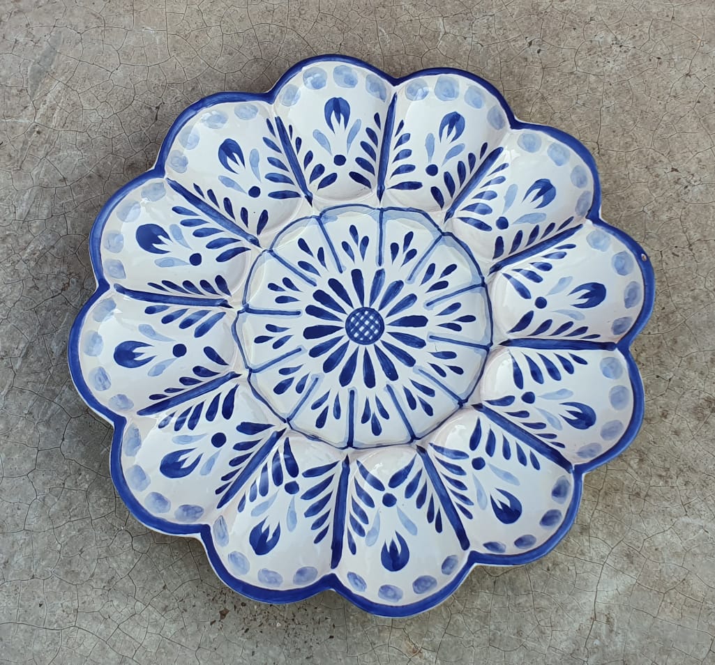 Deviled Eggs / Snack Plate Flower Shape 10" D Blue & White Colors