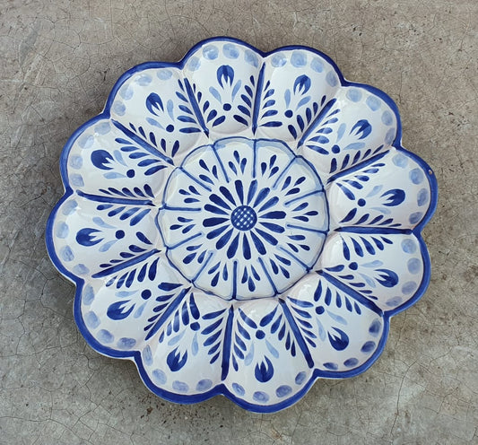 Deviled Eggs / Snack Plate Flower Shape 10" D Blue & White Colors