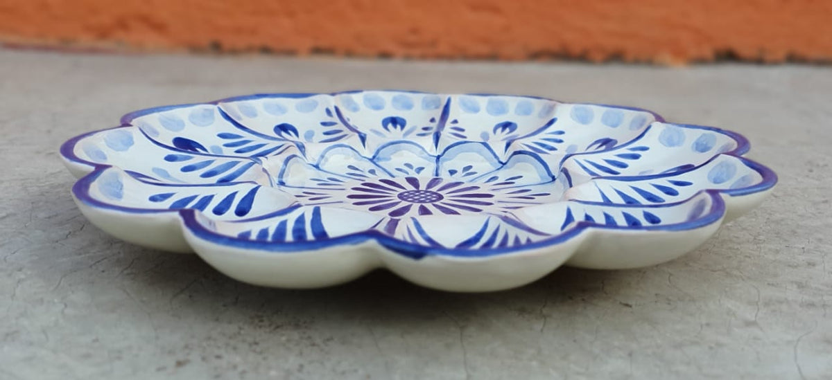 Deviled Eggs / Snack Plate Flower Shape 10" D Blue & White Colors