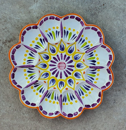 Deviled Eggs / Snack Plate Flower Shape 10" D Purple-Yellow Colors
