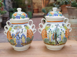 Catrina & Catrin Decorative Vase 15.8" Height Set (2 Pieces) Green-Blue-Yellow Colors - Mexican Pottery by Gorky Gonzalez
