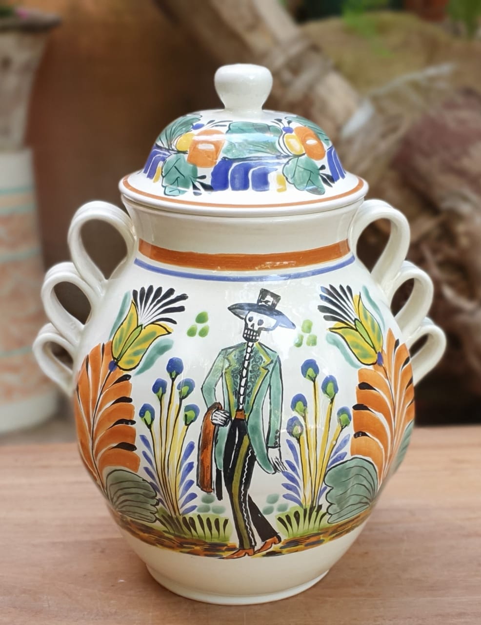 Catrina & Catrin Decorative Vase 15.8" Height Set (2 Pieces) Green-Blue-Yellow Colors - Mexican Pottery by Gorky Gonzalez