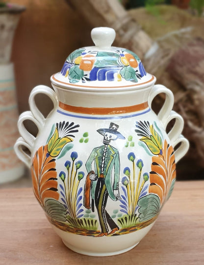 Catrina & Catrin Decorative Vase 15.8" Height Set (2 Pieces) Green-Blue-Yellow Colors - Mexican Pottery by Gorky Gonzalez