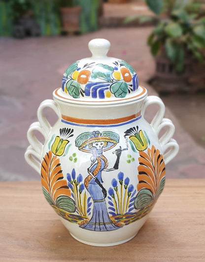 Catrina & Catrin Decorative Vase 15.8" Height Set (2 Pieces) Green-Blue-Yellow Colors - Mexican Pottery by Gorky Gonzalez