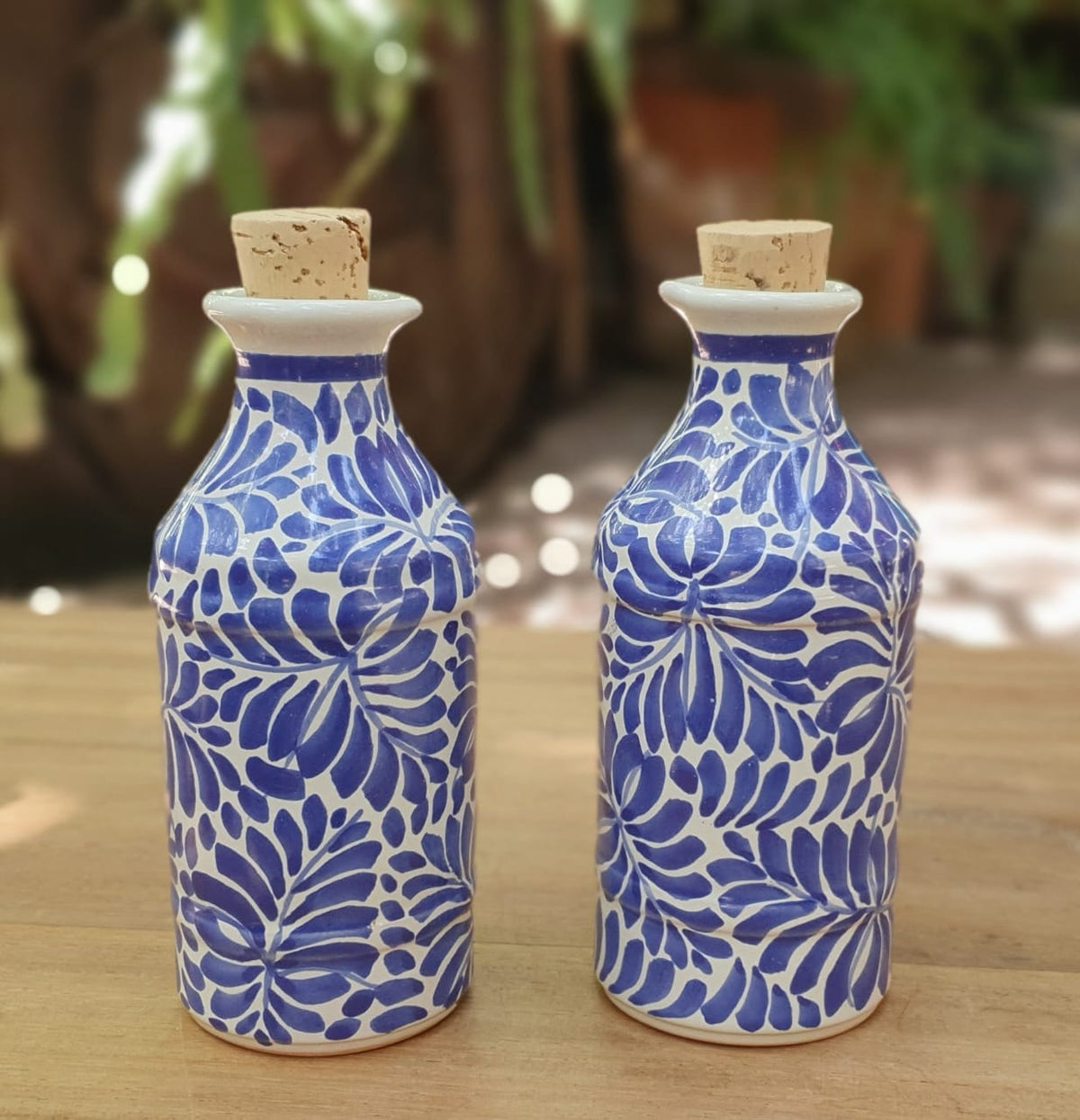 Olive Oil Cruet 6.2" H Set or 2 Milestones Pattern Blue and White