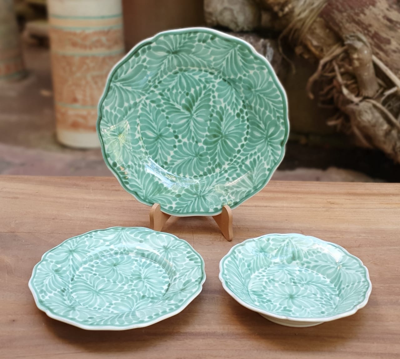 Flower Shape Dish Set (3 Pieces) Milestones Pattern Green and White (One Service)