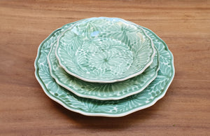 Flower Shape Dish Set (3 Pieces) Milestones Pattern Green and White (One Service)