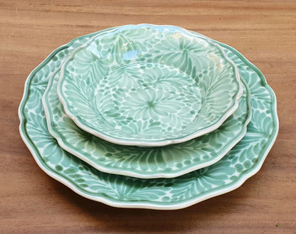 Flower Shape Dish Set (3 Pieces) Milestones Pattern Green and White (One Service)