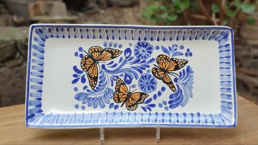 Butterfly Tray Large Rectangular Plate 7.5x15" Blue - Mexican Pottery by Gorky Gonzalez