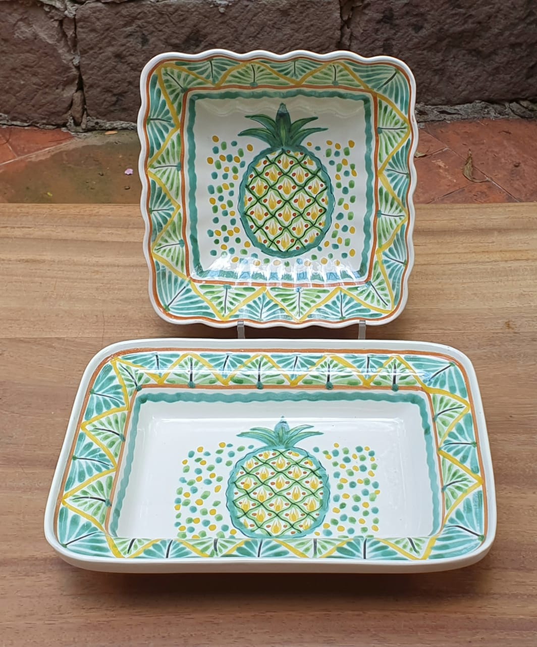 PineApple Rectangular and Square Salad Bowl Set (2 pieces) Green-Yellow Colors