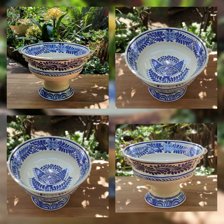 BEAUTIFUL MEXICAN BLUE & WHITE CERAMIC RETICULATED FOOTED COMPOTE - HANDPAINTED store