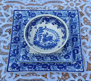 Rabbit Square Dish Set (3 pieces) (One Service) Blue and White