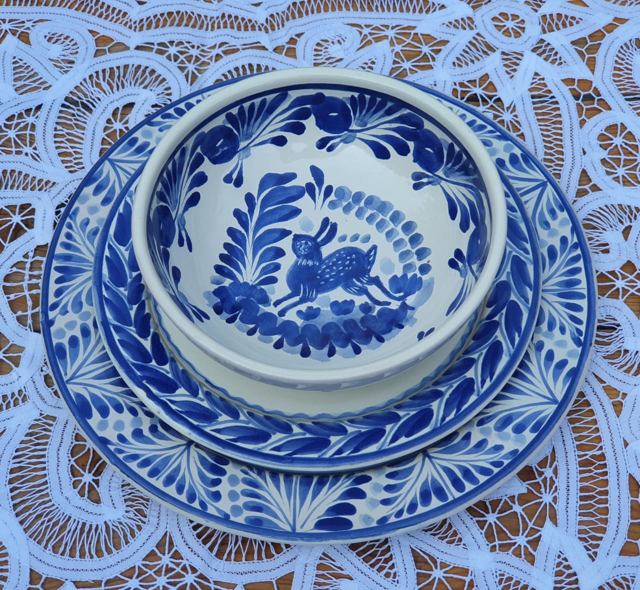 Rabbit Dish Set (3 pieces) (One Service) Blue and White