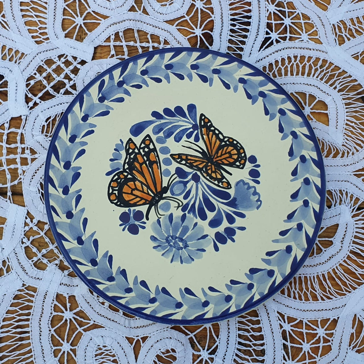Butterfly Bread Plate / Tapa Plate 6.3" D Blue-Orange Colors - Mexican Pottery by Gorky Gonzalez