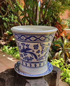 Flower Pot 12.6" Height Blue and White Bird