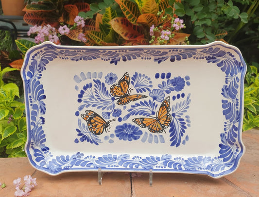 Monarch Butterfly Tray / Serving Rectangular Platter 16.9"x10.6" Blue and White