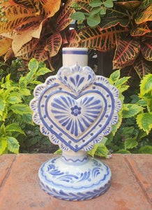 Love Heart Candle holder 7.7" H Blue and white