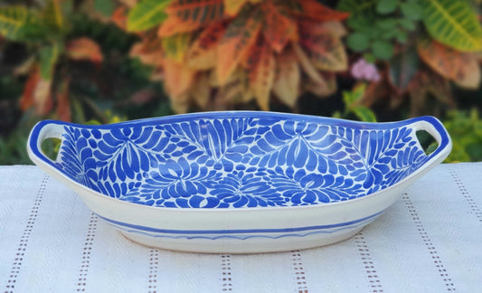 Oval Bowl with handles / Serving Salad Piece 11.8 L X 6.5 in W Milestones Blue and White