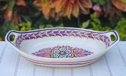 Flower Oval Bowl with handles / Serving Piece Purple Colors