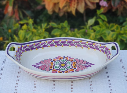 Flower Oval Bowl with handles / Serving Piece Purple Colors
