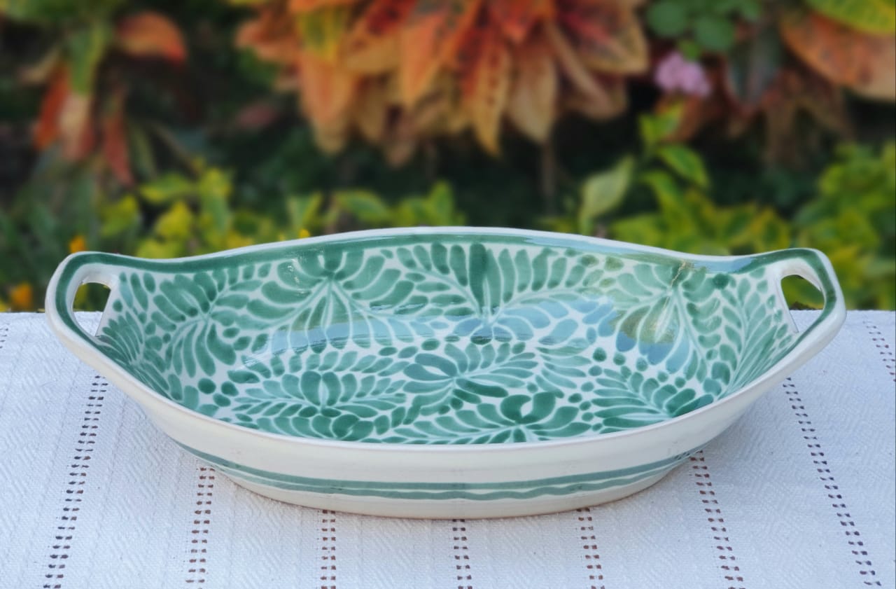 Oval Bowl with handles / Serving Piece 11.8 L X 6.5 in W Milestones Green Colors