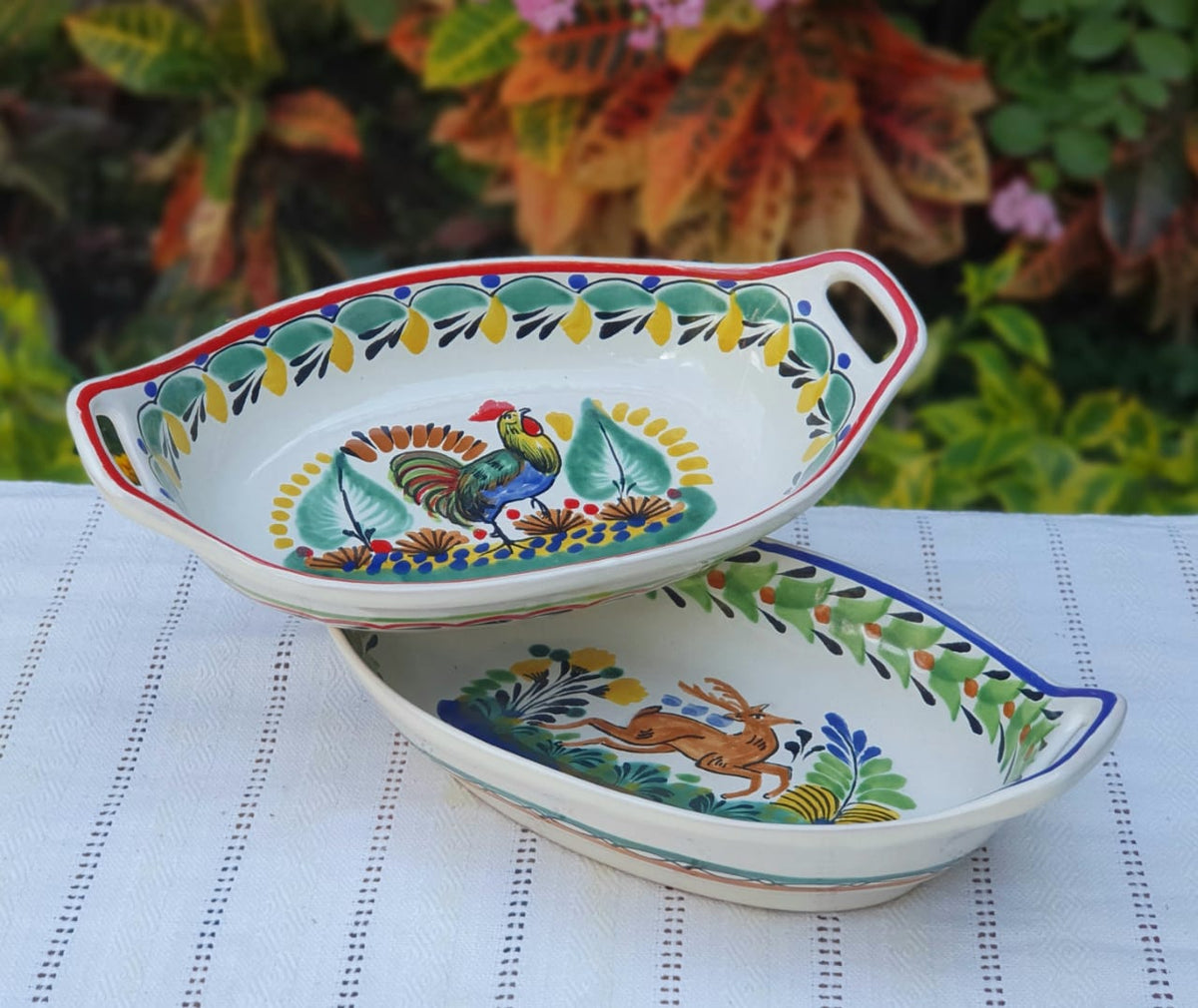 Deer and Rooster Oval Bowl with handles / Serving Piece Set of 2 MultiColors
