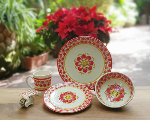 Red Flower Dish Set (5 pieces) Red-Yellow Colors (One Service)