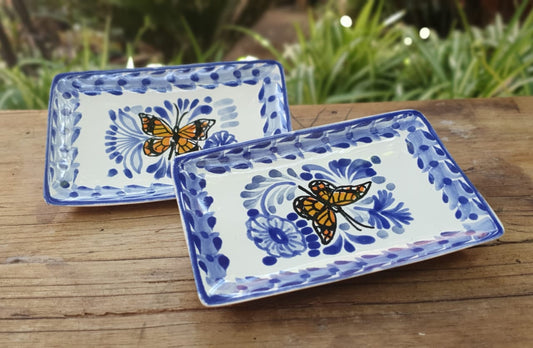 Monarch Butterfly Bread Rectangular Plate / Tapa Plate 5.5 x 3.9" Set of 2(Pieces) Blue and White