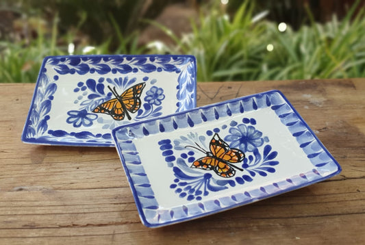 Monarch Butterfly Bread Rectangular Plate / Tapa Plate 5.5 x 3.9" Set of 2(Pieces) Blue and White
