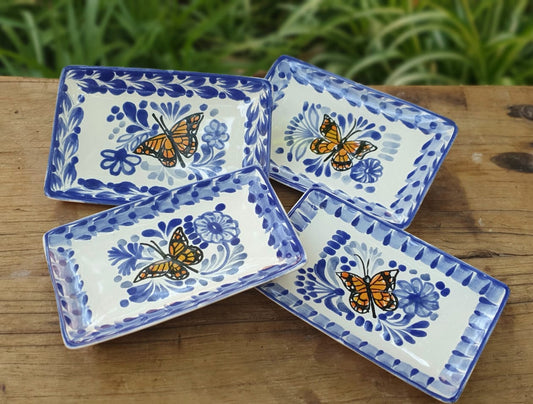 Monarch Butterfly Mini Rectangular Tray 3.9 X 5.5" Set of 4(Pieces) Blue and White