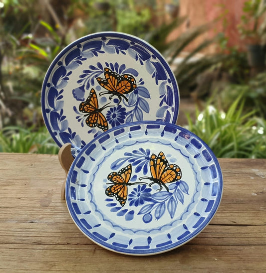 Monarch Butterfly Bread Plate / Tapa Plate 6.3" D Set of 2 Blue and White