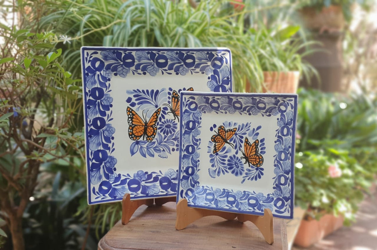 Juego de 2 platos cuadrados Butterfly azul y blanco 