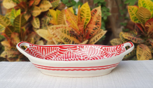 Oval Salad Bowl with handles / Serving Piece 11.8 L X 6.5 in W Milestones Pattern Red and White