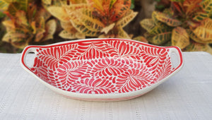 Oval Salad Bowl with handles / Serving Piece 11.8 L X 6.5 in W Milestones Pattern Red and White