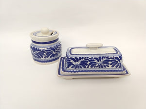 Butter Dish & Jam Jar Milestones Pattern Blue and White - Mexican Pottery by Gorky Gonzalez