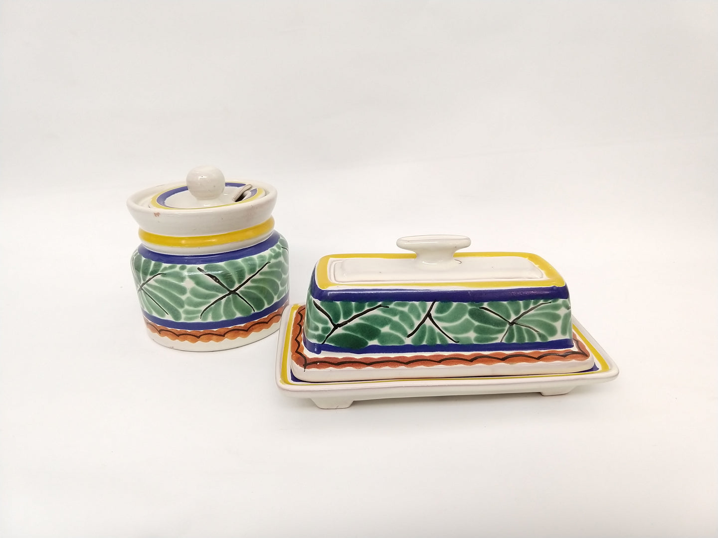 Butter Dish & Jam Jar Green-Blue Colors - Mexican Pottery by Gorky Gonzalez