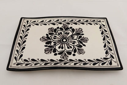 Flower & Catrina Tray and Bread Square Plate Set in B & W