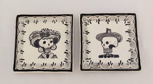 Catrina Mini Square Plate 5*5" Set of 2 Black and White - Mexican Pottery by Gorky Gonzalez