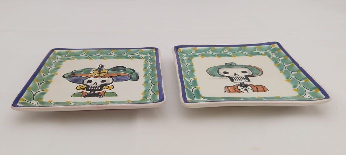 Catrina Set of 2 Mini Square Plate / Tapa Plate 5 x 5 " Green Colores - Mexican Pottery by Gorky Gonzalez