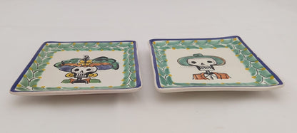 Catrina Set of 2 Mini Square Plate / Tapa Plate 5 x 5 " Green Colores - Mexican Pottery by Gorky Gonzalez