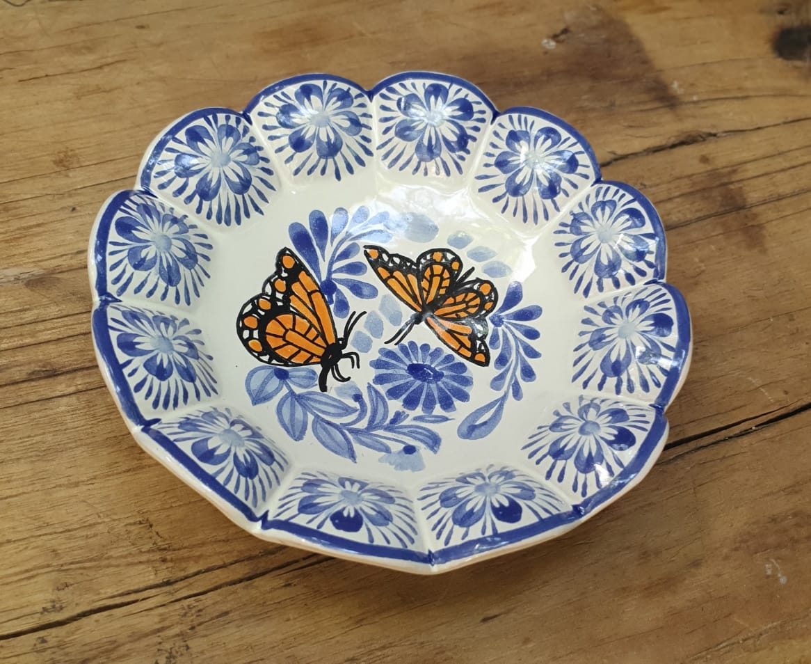 Monarch Butterfly Flower Shape Footed Snack Dish 7" D Blue and White