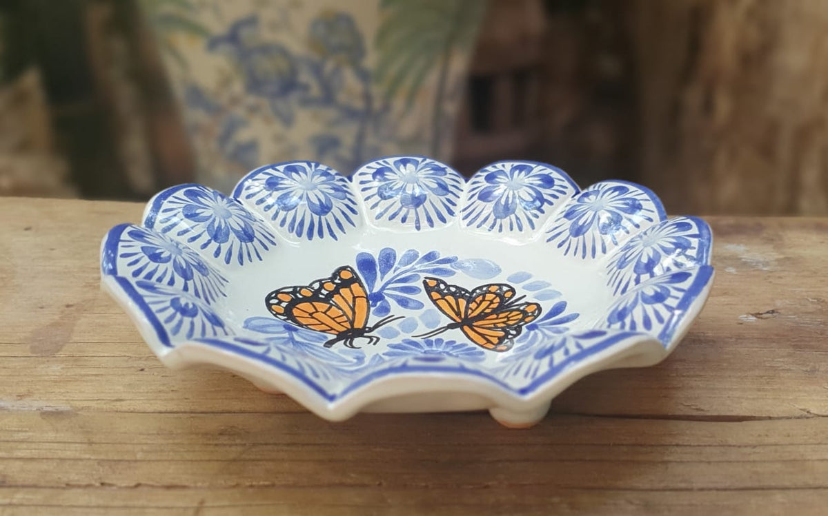 Monarch Butterfly Flower Shape Footed Snack Dish 7" D Blue and White